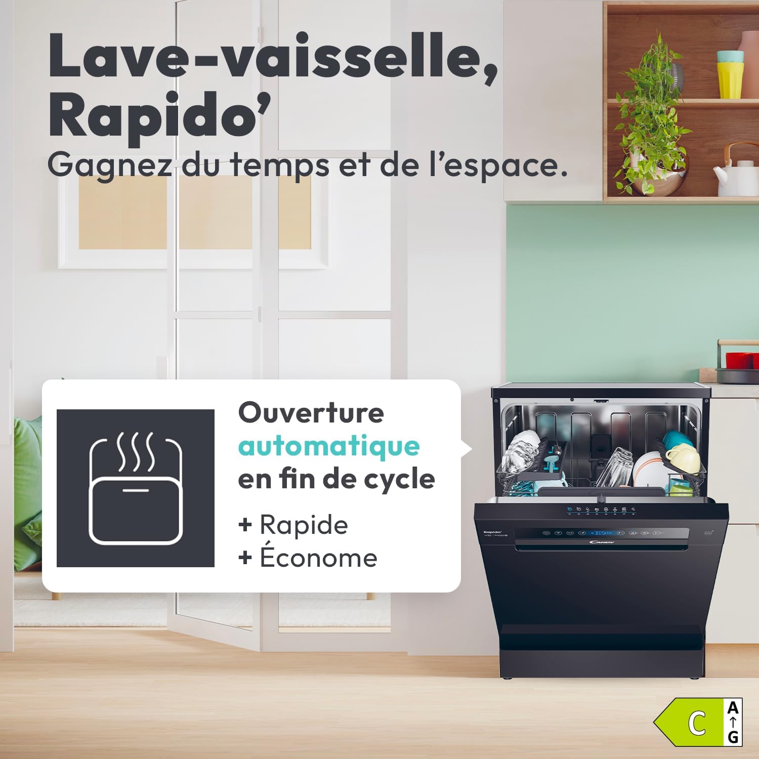 Lave-Vaisselle - Pose Libre - 15 Couverts - Classe Énergétique C - Maxi Cuve, Wash & Dry 35 min, Ouverture Automatique, Contrôle à Distance - Noir - 60 x 85 x 60 cm - Modèle CF 5C6F0B 15 Couverts - Noir