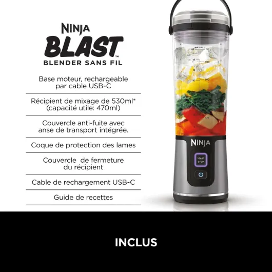 Blast Blender portable, 530 ml, couvercle résistant aux fuites et bec verseur, mini blender sans fil puissant, rechargeable, smoothies, shakes protéinés, mixe fruits et glaçons, noir, BC151EUBK