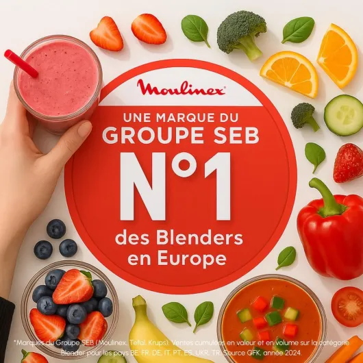 Blender PerfectMix Essential 1200W, Lames Powelix, Bol Verre 2L, Mixage 30% Plus Rapide, Vitesse Ajustable & Pulse, Smoothie, Nettoyage Facile, LM771BF0, Poivre de Java 1200W - Variateur de vitesses manuel