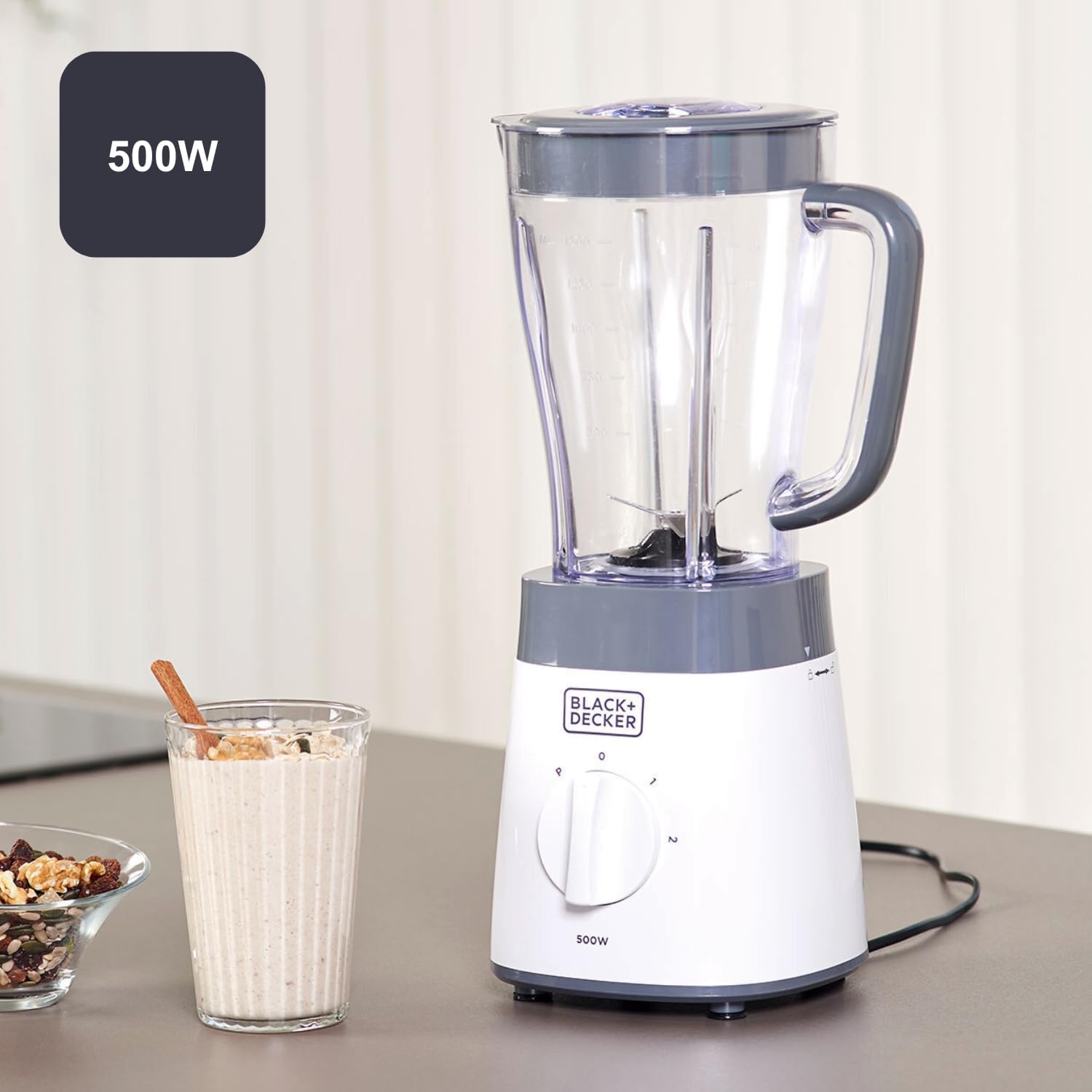 BLACK+DECKER BXJB500E - Blender mixeur 500W, bol en plastique 1.5L, 2 vitesses + Pulse, 4 lames en acier inoxydable, blanc et gris 1,5L - 500W