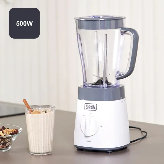 BLACK+DECKER BXJB500E - Blender mixeur 500W, bol en plastique 1.5L, 2 vitesses + Pulse, 4 lames en acier inoxydable, blanc et gris 1,5L - 500W