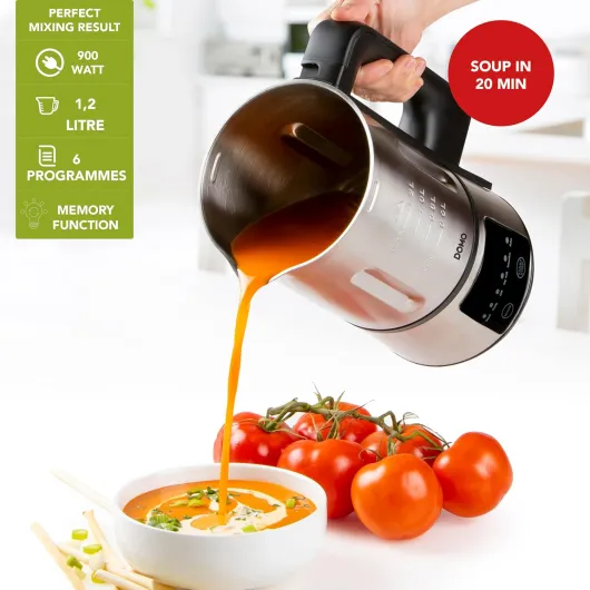 DOMO DO727BL - Blender mixeur - 1.2L - Soupe maker avec 6 programmes - Smooth, chunky, confiture, smoothie, lait végétal, nettoyage/pulse - Argenté