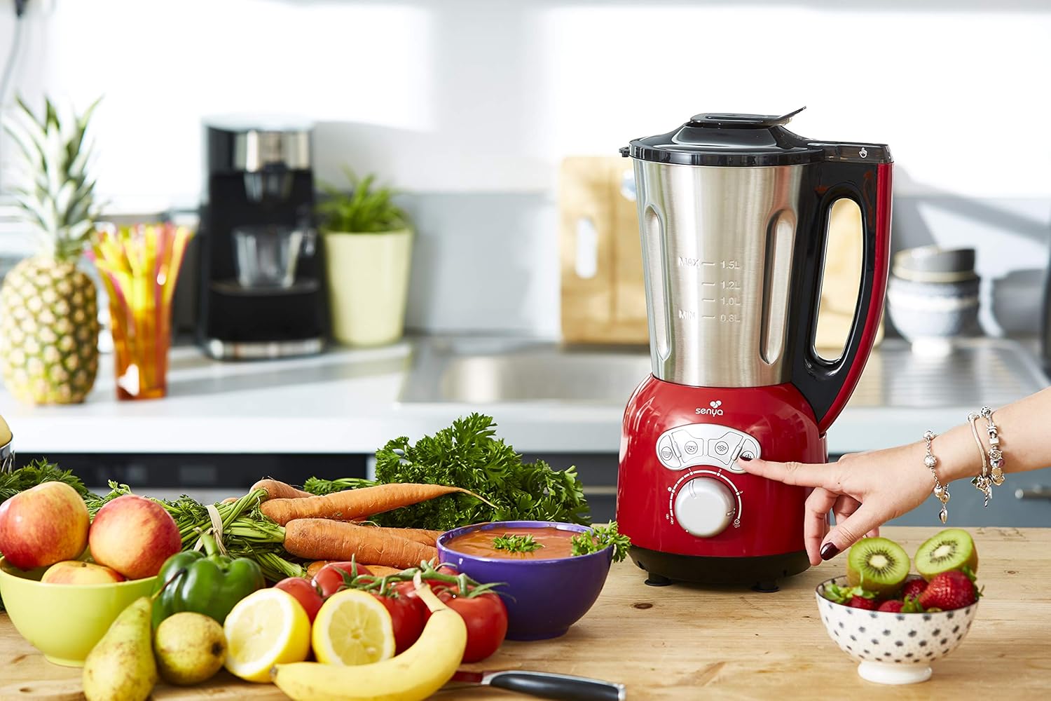 Blender Chauffant Rouge INOX Cook & Ice V3, Mixeur Soupe Veloutée/Moulinée, Cuisson Vapeur, Glace Pilée Smoothies, 1, 5L,1400W, SYCP-HB008R