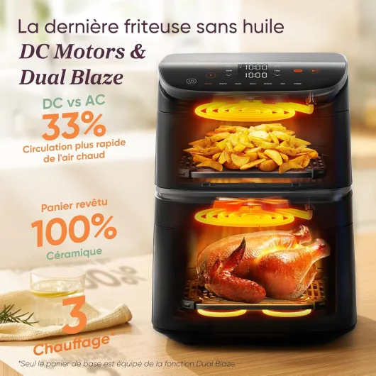 Air Fryer 10.8L Turbo Tower Pro,Friteuse sans huile avec 100% en Céramique, Double Stack, Dual Blaze&Turbo Blaze,3 Niveaux Cuisson,7 Fonctions de Cuisson,68% d’Économie d’Énergie,300+ Recettes 10.8L Noir