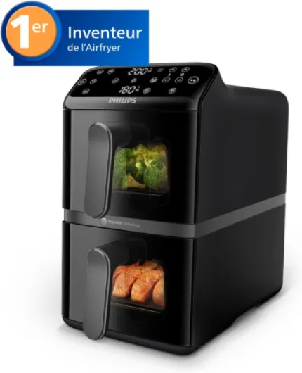 Airfryer Série 4000 – Air Fryer VerticalDuo, 10L, RapidAir, 13 modes de cuisson, synchronisation, gain de 45% d’espace, revêtement céramique sans PFAS, fenêtres de cuisson, Noir (NA460/00) Vertical Duo