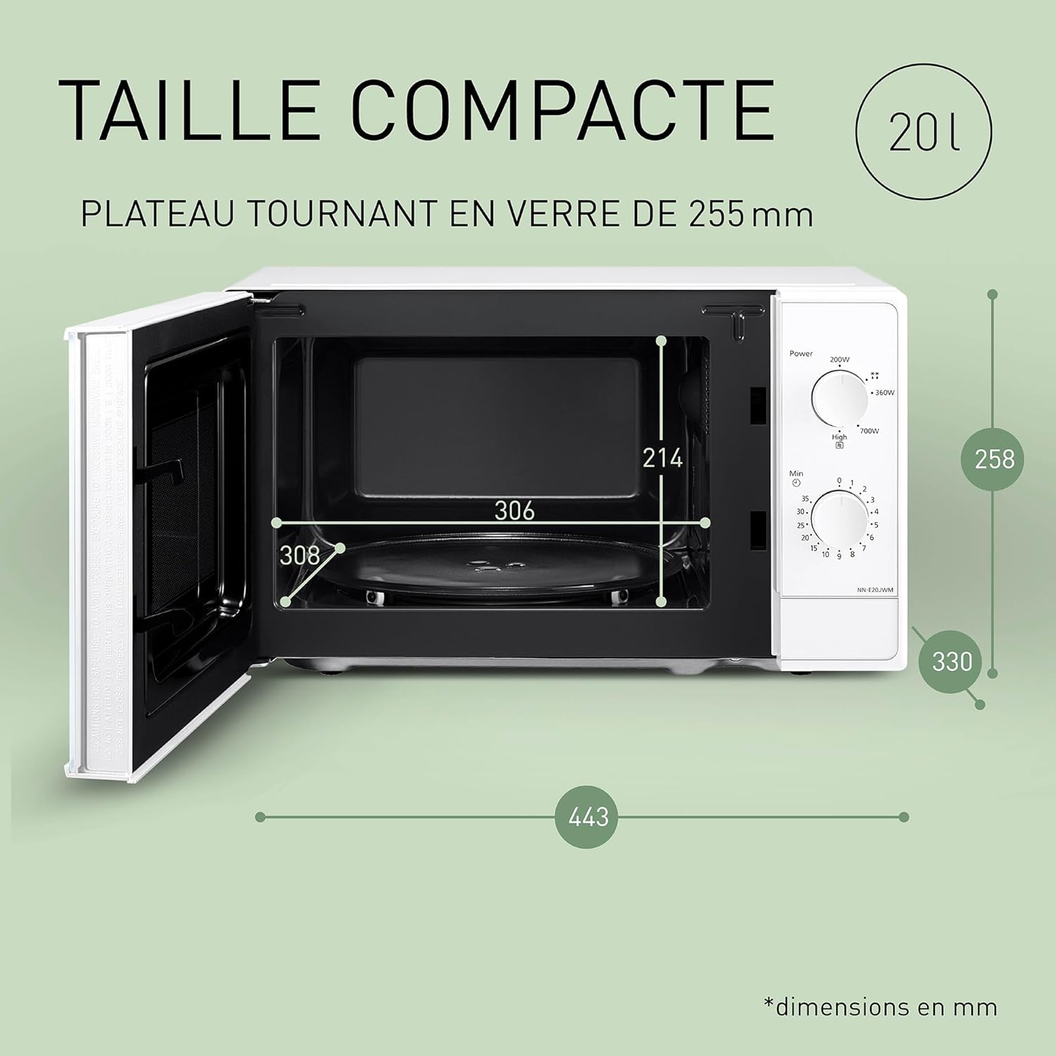 NN-E20JWMEBG Four à Micro-Ondes avec Plateau Tournant en Verre, 20L, 800W, Option Décongélation, 5 Niveaux de Puissance, Minuterie, Blanc NN-E20 2025 Modèle