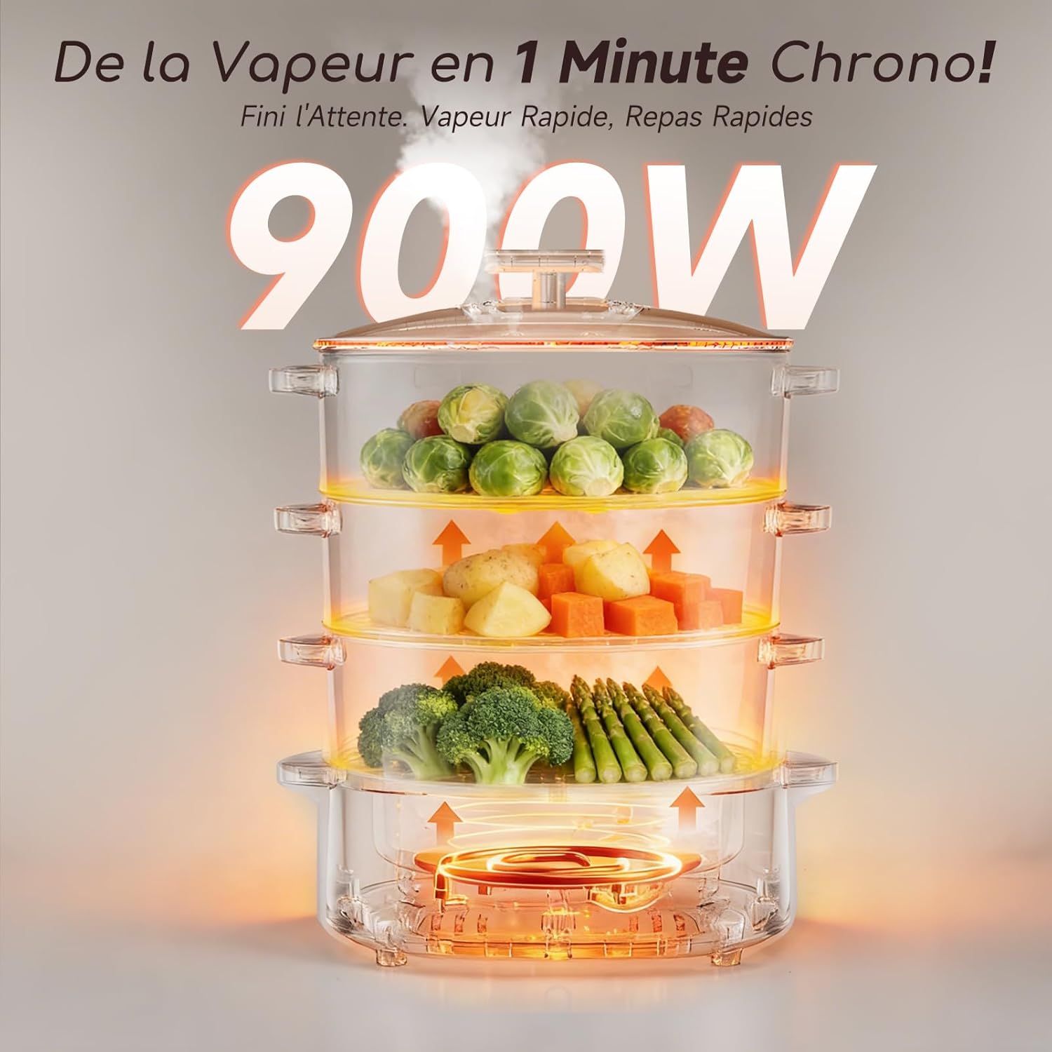 12L Cuiseur Vapeur Electrique, Cuiseur Vapeur Avec 3 Récipients Empilables, Support Pour Cuire les œufs, Minuterie de 60 Minutes, Récipient Pour Cuire le riz, Sans BPA, 900 W