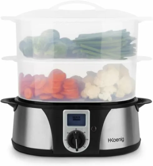 H.Koenig Cuiseur Vapeur Electrique VAP12 Multifonction 12L Programmable Compact Professionnel, 3 Paniers empilables amovibles pour Œufs Légumes, Bol cuiseur à Riz, Minuteur 60min, Bac à jus amovible