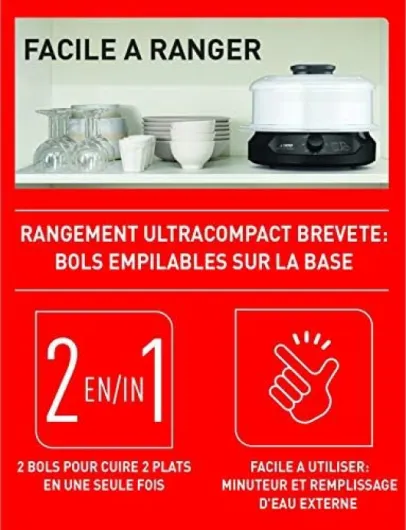 Ultracompact Cuiseur vapeur, Cuisson saine, 9 L, 800 W, 3 bols empilables, Bac à riz et céréales, Minuteur 60 min, Arrêt automatique, Niveau d'eau visible, Facile à ranger VC204800