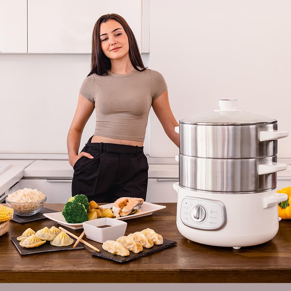 Cuiseur à Vapeur électrique Vapovita 3000 INOX, 3 paniers indépendants, Bol de Cuisson du Riz, Supports de Cuisson des œufs, Minuterie de 60 minutes, 2 Entrées d'Eau Latérales, Gris, 800 W