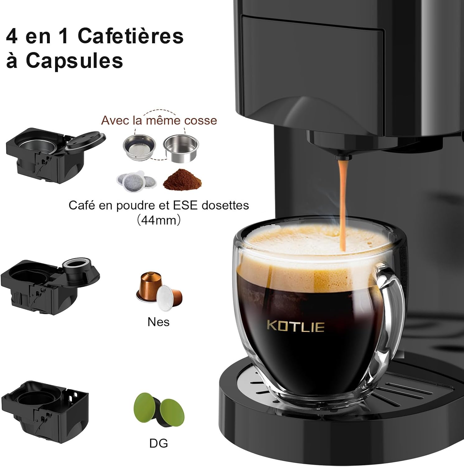 AC-513K 4 en 1 Cafetières à Capsules pour NES/DG/Café en Poudre/ESE(44mm), Pression de 19Bar, 0.8L Réservoir d'eau,Capacité Personnalisable（Noir） 513k-b