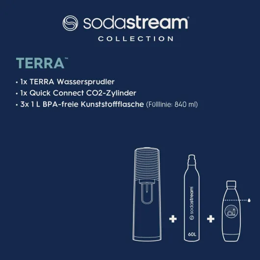 Terra Machine à Eau Pétillante et Soda - Pack 3 Bouteilles 1L Compatible Lave-Vaisselle + 1 Recharge de Gaz 60L à Clipser - Noire Terra + 3 Bouteilles 1L + 1 Recharge Gaz Noir