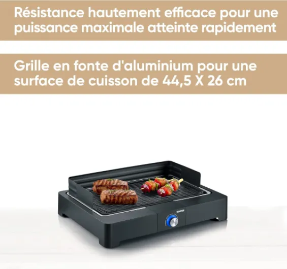 Barbecue électrique 2 200 W avec grille en fonte d'aluminium, Barbecue de table avec pare-vent amovible, eBBQ avec bac à eau pour utilisation en intérieur et extérieur, Noir, PG 8567 Barbecue de table avec plaque en fonte