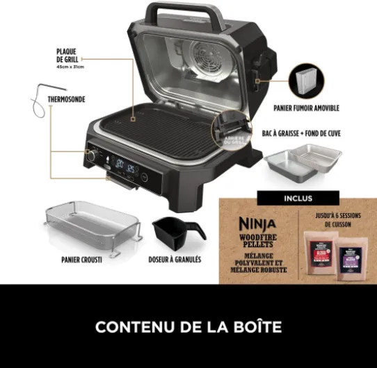 Woodfire Barbecue électrique et fumoir Pro XL avec thermomètre, barbecue et Air fryer d'extérieur 4-en-1 avec système Smart Cook et granulés Woodfire, portatif, gris/noir, OG850EU Woodfire Grill Pro XL