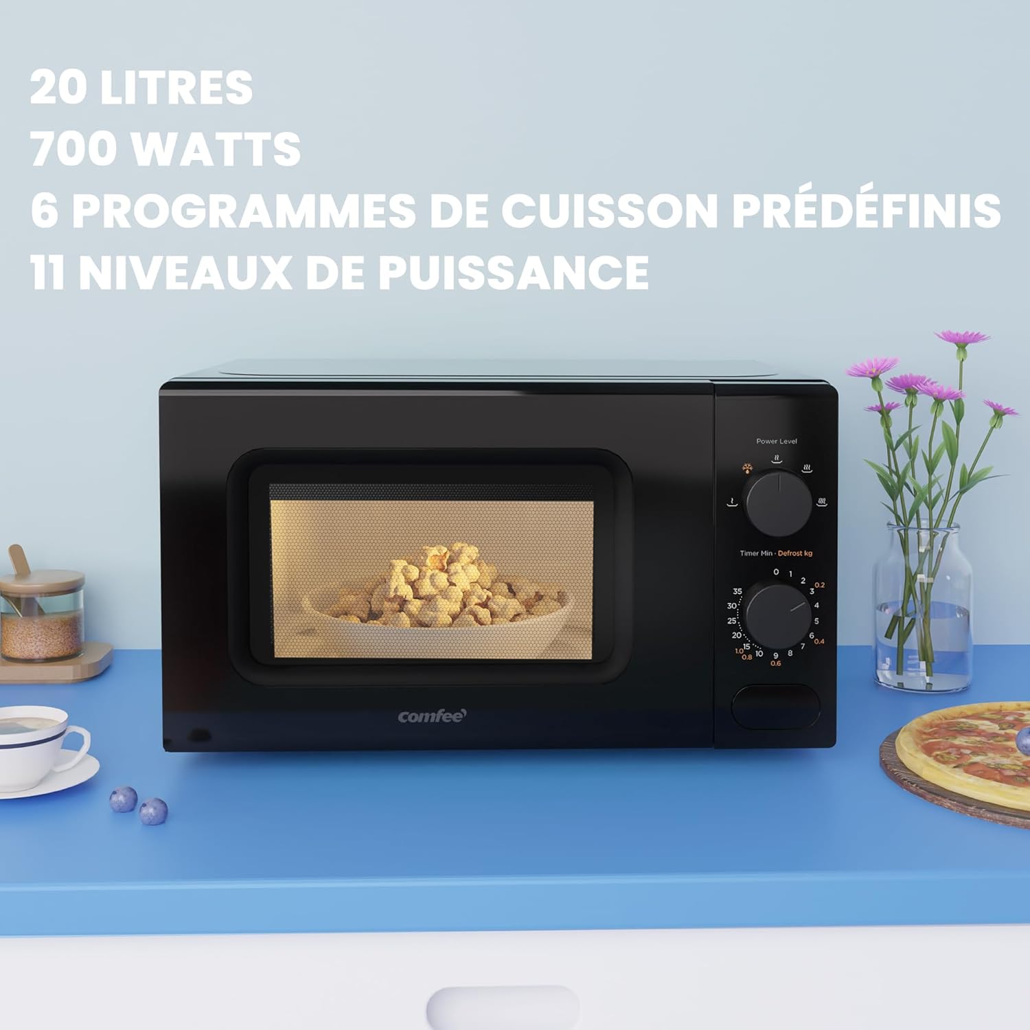 ' CM-M202CC(BK) four micro ondes compact avec la capacité de 20 litres, 700 W avec Commande manuelle, Convenable pour petites cuisines, 5 niveaux de puissance, Dégélation rapide, Noir 20l Noir