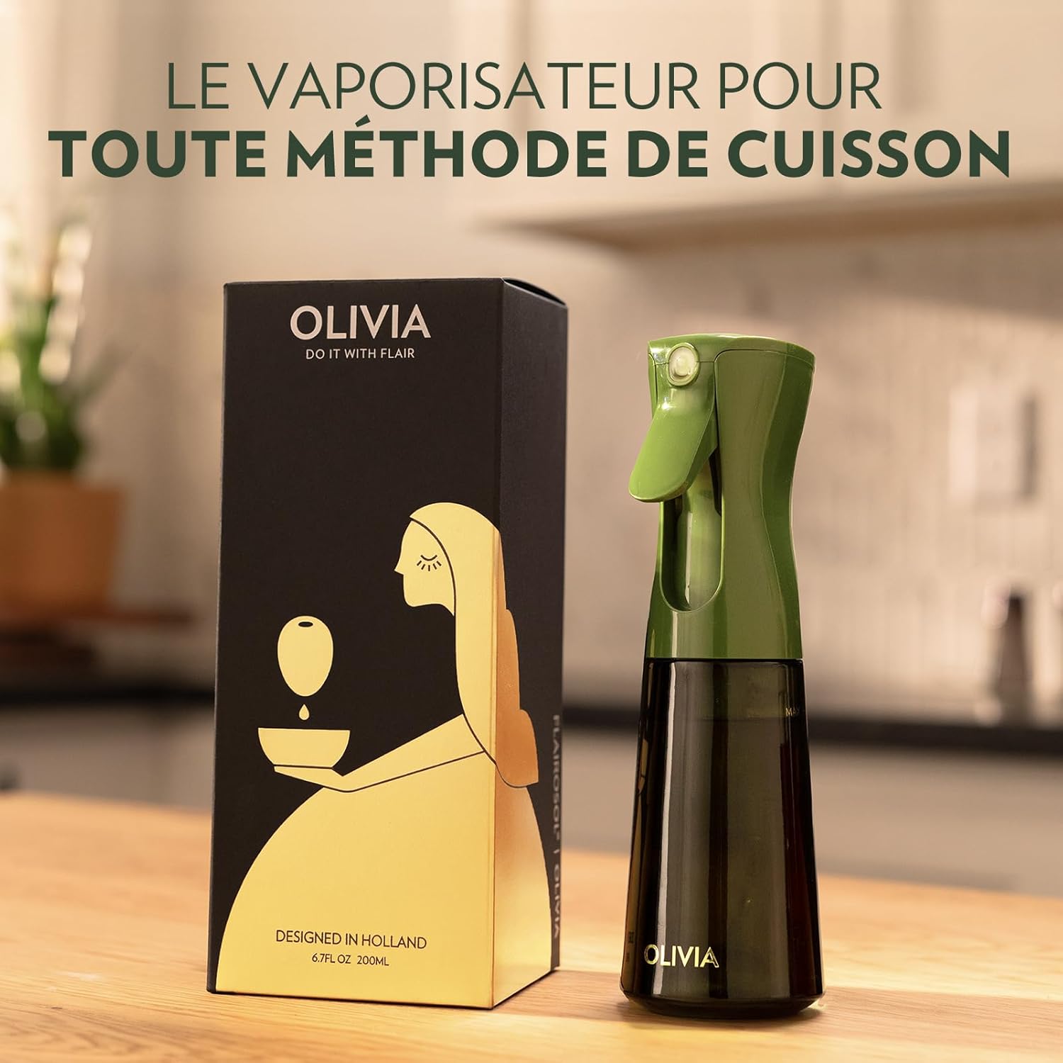 OLIVIA Vaporisateur d'Huile en Verre 200ml - Technologie de Pulvérisation Continue avec Contrôle des Portions - Polyvalent pour Cuisine, Salades, Barbecues, Vuisson, etc - (Vert)