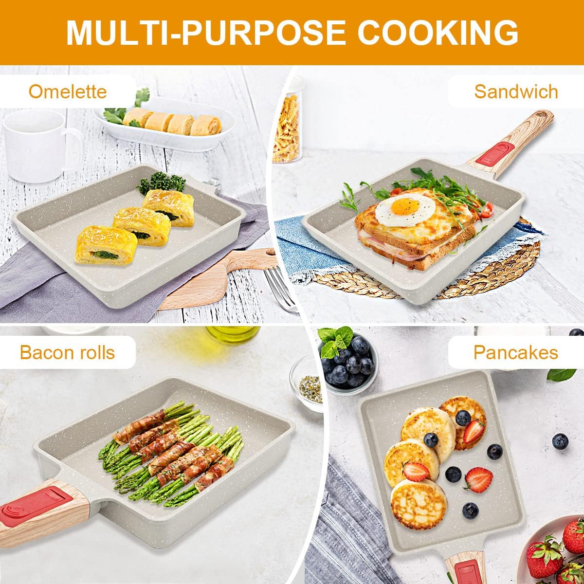 Tamagoyaki Poêle à omelette rectangulaire japonaise avec poignée amovible Compatible avec tous les types de feux, four et lave-vaisselle 19 x 16 cm
