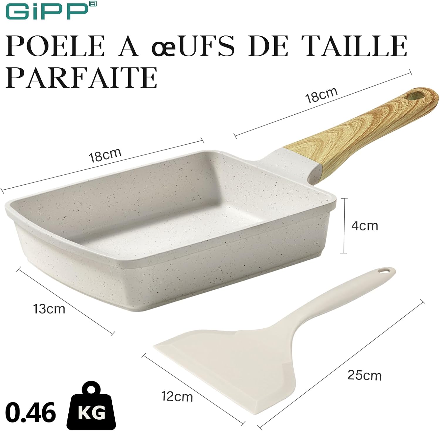 Tamagoyaki Poêle à omelette japonaise à induction - 18 x 13 cm - Revêtement anti-adhésif en granit - Sans PFOS/PFOA - Petite poêle polyvalente pour petit-déjeuner Blanc 13*18cm
