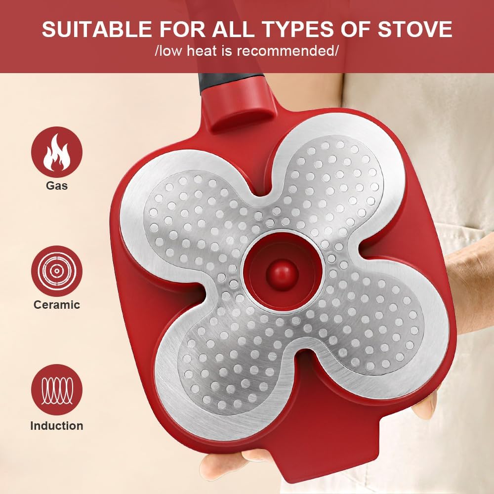 Poêle à Pancakes avec Couvercle Antiadhésive, Poêle à 4 Emplacements en Aluminium avec Poignée Amovible pour Tous Feux Dont Induction Rouge 8.3 tum