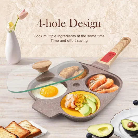 Poêle à Pancakes en Céramique avec Couvercle, Poêle à 4 Emplacements Antiadhésive avec Poignée Amovible pour Tous Feux Dont Induction - Marron Marron avec couvercle