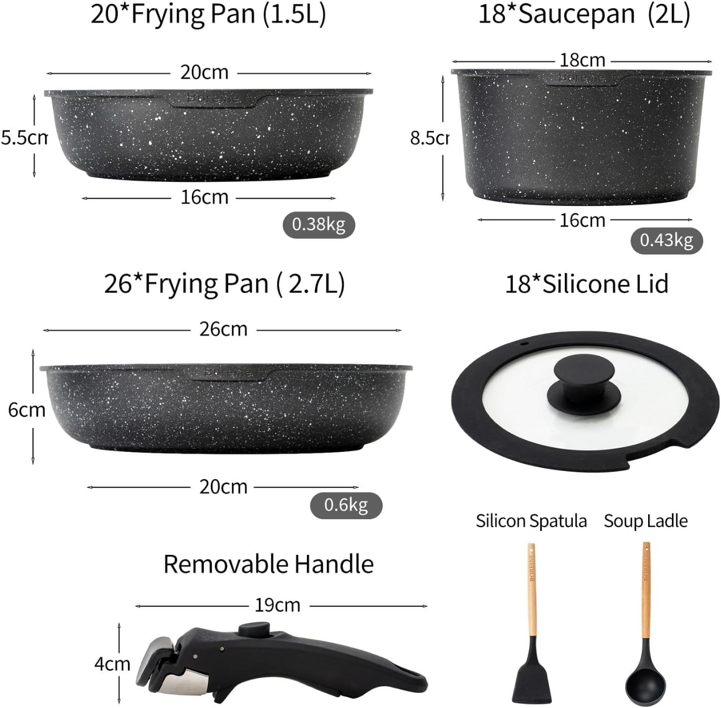 Batterie de Cuisine 7 Pce, Lot Casserole et Poele, Set avec Poignee Amovible et Couvercle, Revêtement Antiadhésif en Granit sans PFOA, Compatible Tous Feux Induction Vitrocéramique Gaz, Noir Noir 7 Pce