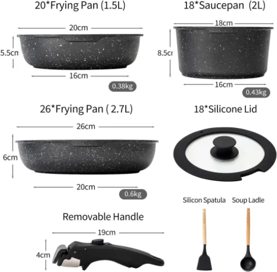 Batterie de Cuisine 7 Pce, Lot Casserole et Poele, Set avec Poignee Amovible et Couvercle, Revêtement Antiadhésif en Granit sans PFOA, Compatible Tous Feux Induction Vitrocéramique Gaz, Noir Noir 7 Pce