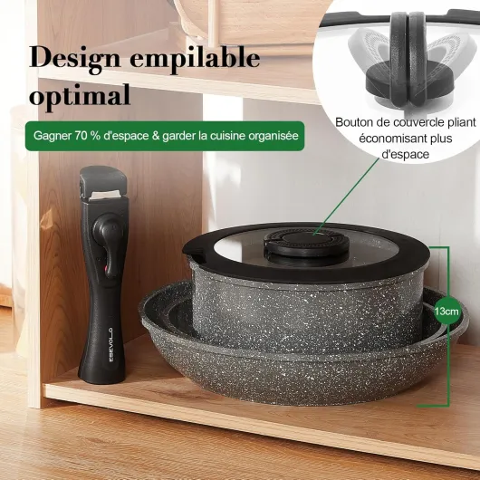 Batterie de cuisine 7 pièces induction, Lot de Casseroles et Poêles avec poignées amovibles, Empilable, Revêtement Antiadhésif en Céramique sans PFAS, avec couvercle en verre, Gris Gris 7-pièces