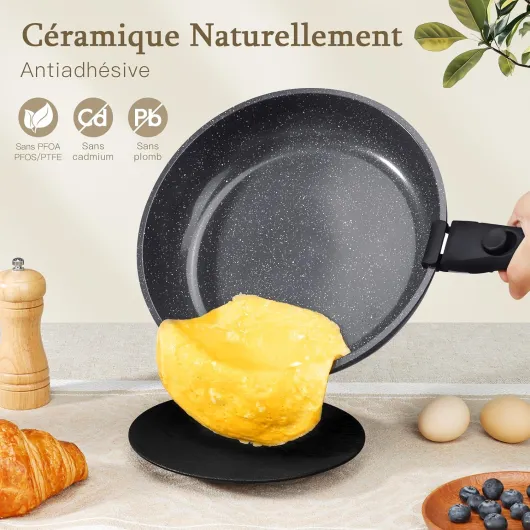 Set de casseroles avec poignée amovible, set de 21 poêles avec revêtement antiadhésif en céramique, casseroles à induction, résistantes au four, adaptées à tous les types de cuisinières Noir 21 Pièces