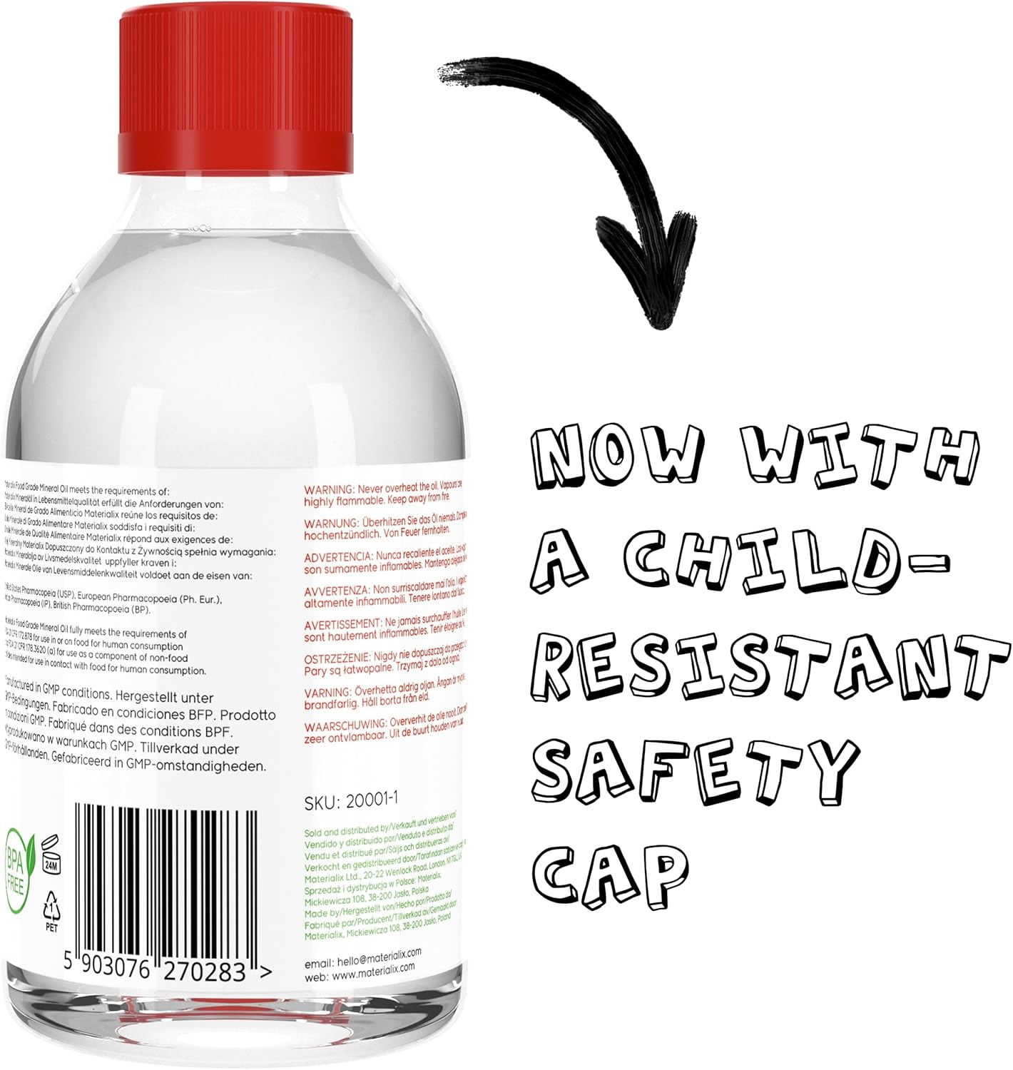 Huile minérale de qualité alimentaire Materialix - convient pour le bois, le bambou, la pierre, l'ardoise, les cosmétiques, les baumes, les crèmes, les lotions, les soins capillaires - 250ml.