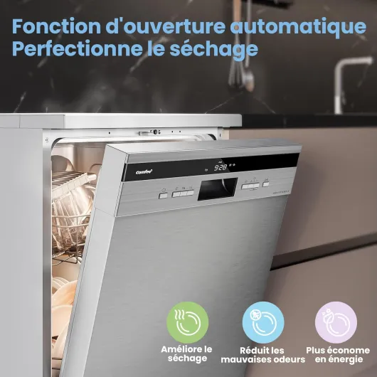 ' FD1435E-X Lave-vaisselle pose libre pour 14 couverts, grand format, 44 dB, grand écran LED, départ différé, fonctionnalité demi-charge, supports flexibles, acier inoxydable 14 Couverts Acier Inoxydable
