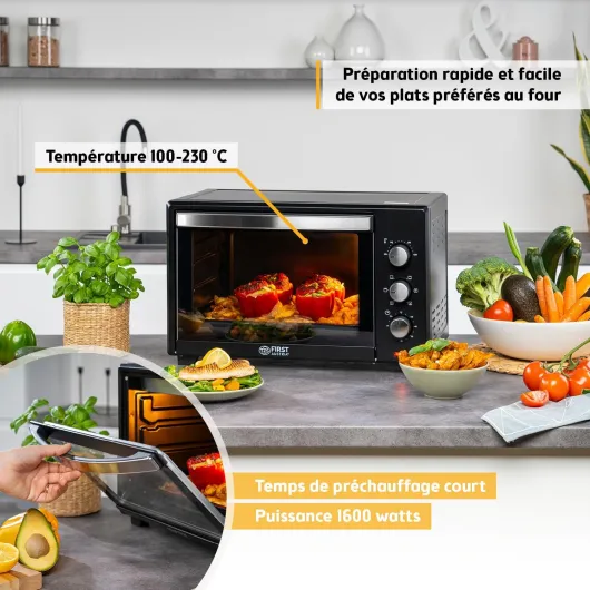 Mini-Four 35L 1600W - Four à pizza avec réglage de la température jusqu'à 230°C et revêtement antiadhésif - Avec minuteur de 60 min, 3 hauteurs d'insertion, plaque et grille
