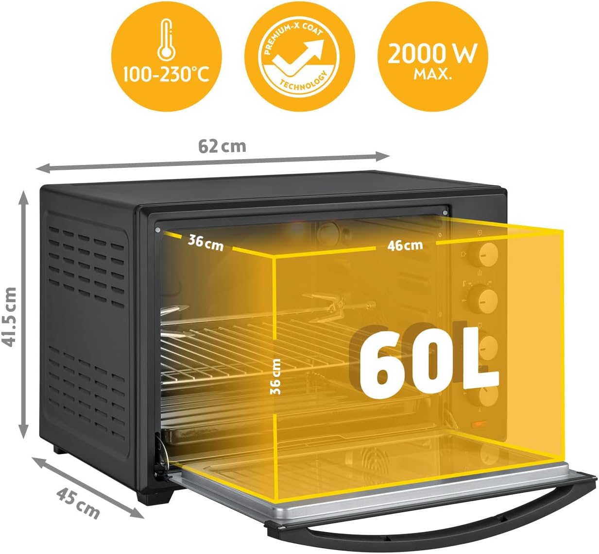 Mini-Four 60L 2000W - Four spacieux pour pizza avec température jusqu'à 230°C et 6 modes - Avec minuterie de 60 min, 4 hauteurs d'insertion, plaque, grille et tournebroche rotatif