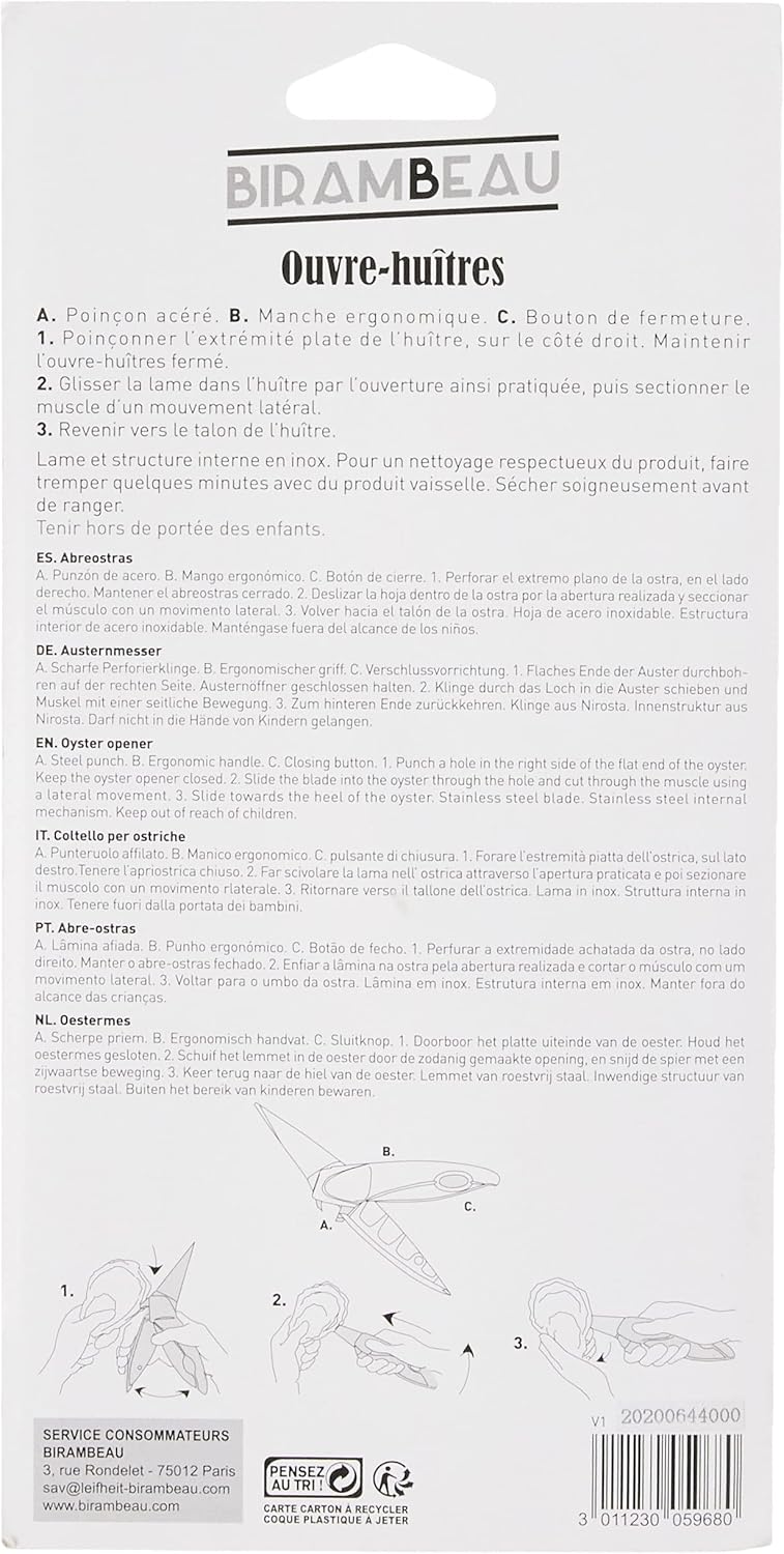 Ustensiles de Cuisine – Ouvre-Huîtres – Manche Ergonomique – Ouverture Très Facile - Inox – Bouton Fermeture, Noir