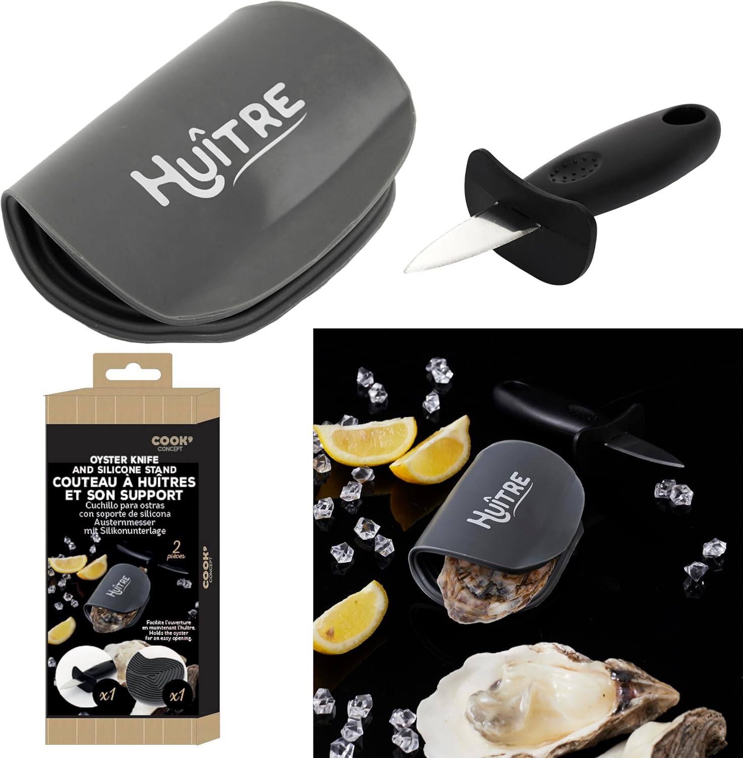 COOK CONCEPT - KU6287, Couteau à Huîtres avec Support Silicone, Inox/PP, Gant de Cuisine Inclus, Ouverture Facile, Dimensions 10,8 x 1 x 15 cm, Couleur Bleu