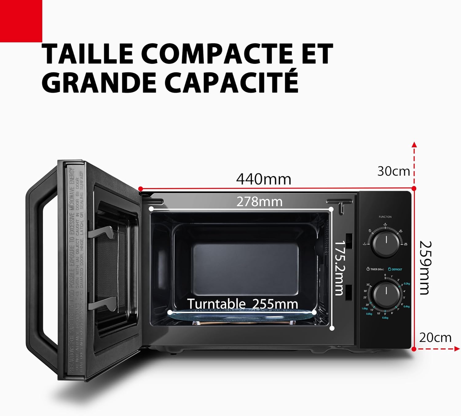 Micro-ondes 20L MW2-MM20P(BK), Micro-ondes sur Pied, 800W, 5 Niveaux de Puissance, avec Décongélation Facile, éclairage LED à l'intérieur, Noir