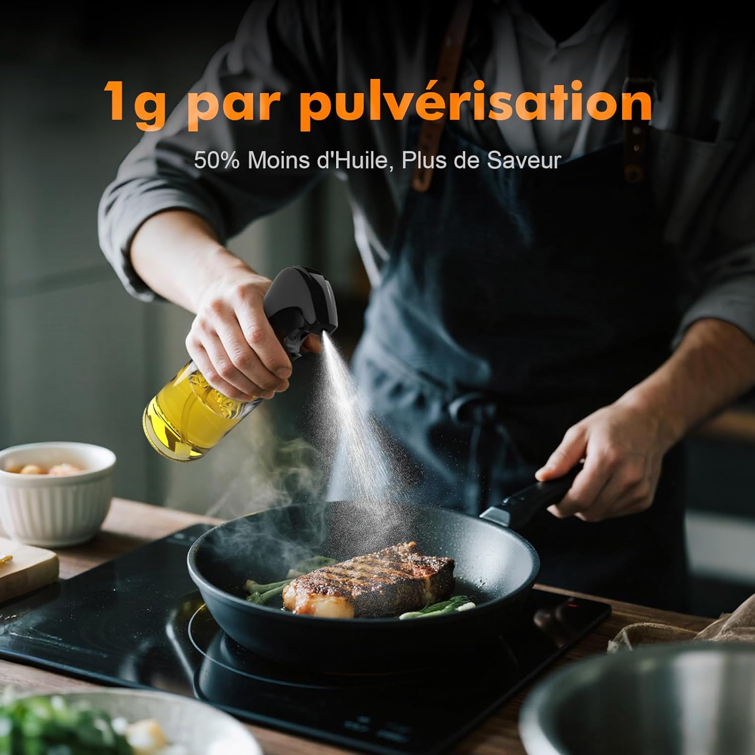 Pulvérisateur d'Huile à Jet 200 ml en Verre - Distributeur Antigoutte Réglable pour Huile, Vinaigre, Cuisson, Grillades et Friteuse à Air - Nettoyage Facile, Modèle GE2003B (Noir)