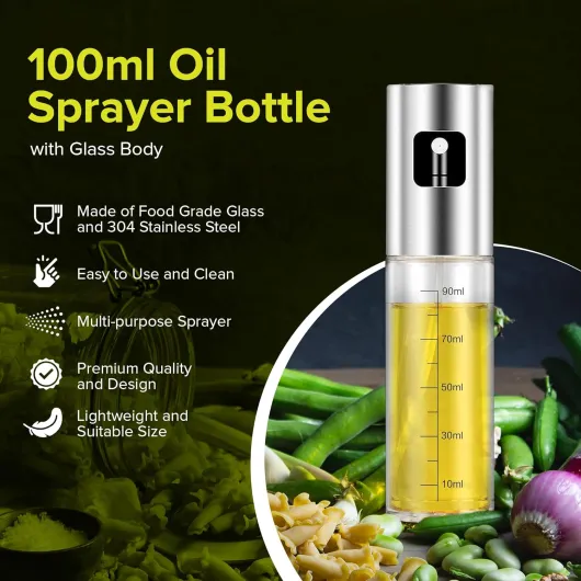 Pulvérisateur d’Huile 100ml en Inox, Huile Spray Cuisine et Friteuse à Air, Huilier en Verre avec Accessoires Antigoutte Pulvérisateur set amélioré