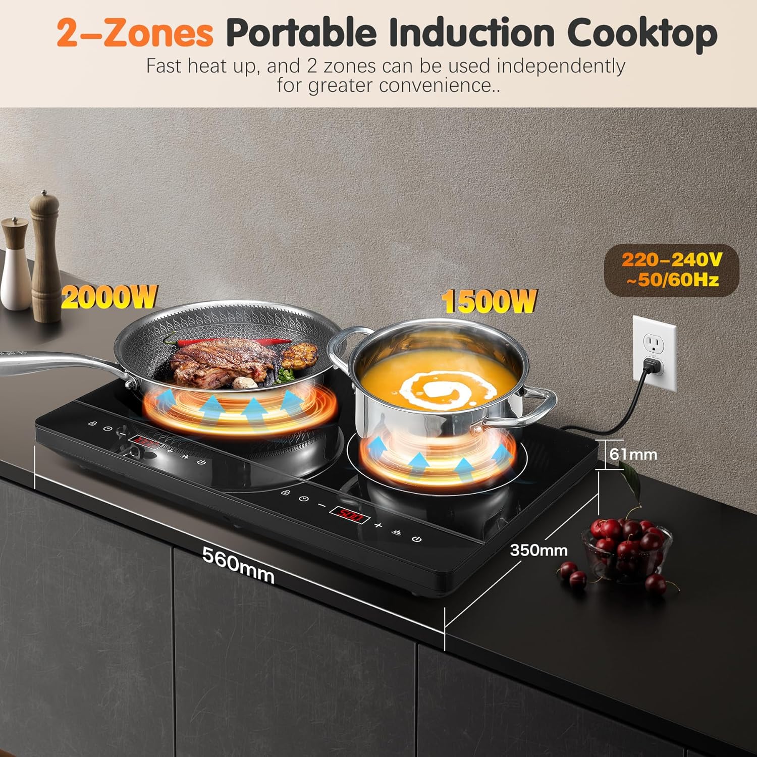 Plaque Induction 2 Feux 3500W Portable, Écran Tactile, Contrôle Indépendant, 10 Niveaux de Puissance et de Température