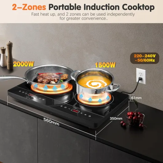 Plaque Induction 2 Feux 3500W Portable, Écran Tactile, Contrôle Indépendant, 10 Niveaux de Puissance et de Température