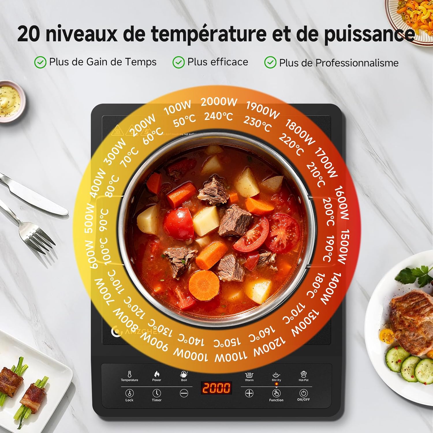 Plaque Induction, Plaque à induction, 20 Réglages de Rempérature et de Puissance, Design Slim avec Plaque en Céramique Noire, Commande par Capteur, Timer 3H - Plaque Induction Black