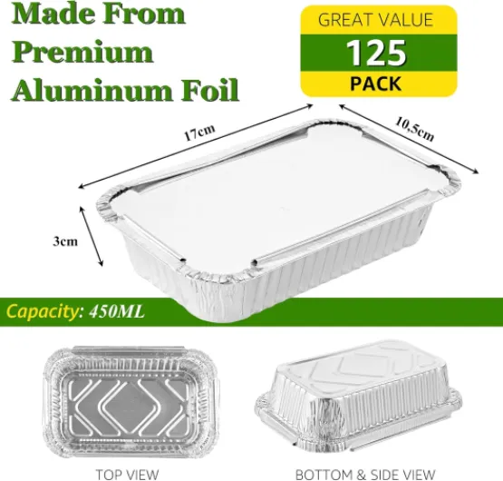 Lot de 125 Barquette Aluminium avec Couvercle 0.45L, 450ML Barquette Alimentaire Jetable Pour Barbecue la Cuisson Grillage Cuisine Restauration 125PCS-450ML