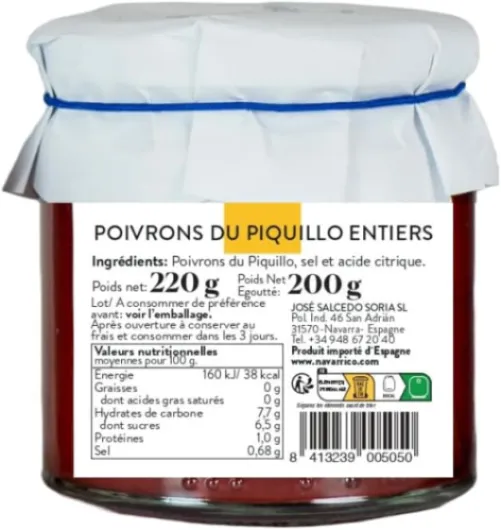 Poivron Piquillo Lodosa Appellation d’origine - Agriculture traditionnelle - Naturel et Frais - Conditionnement de 220 g Entier