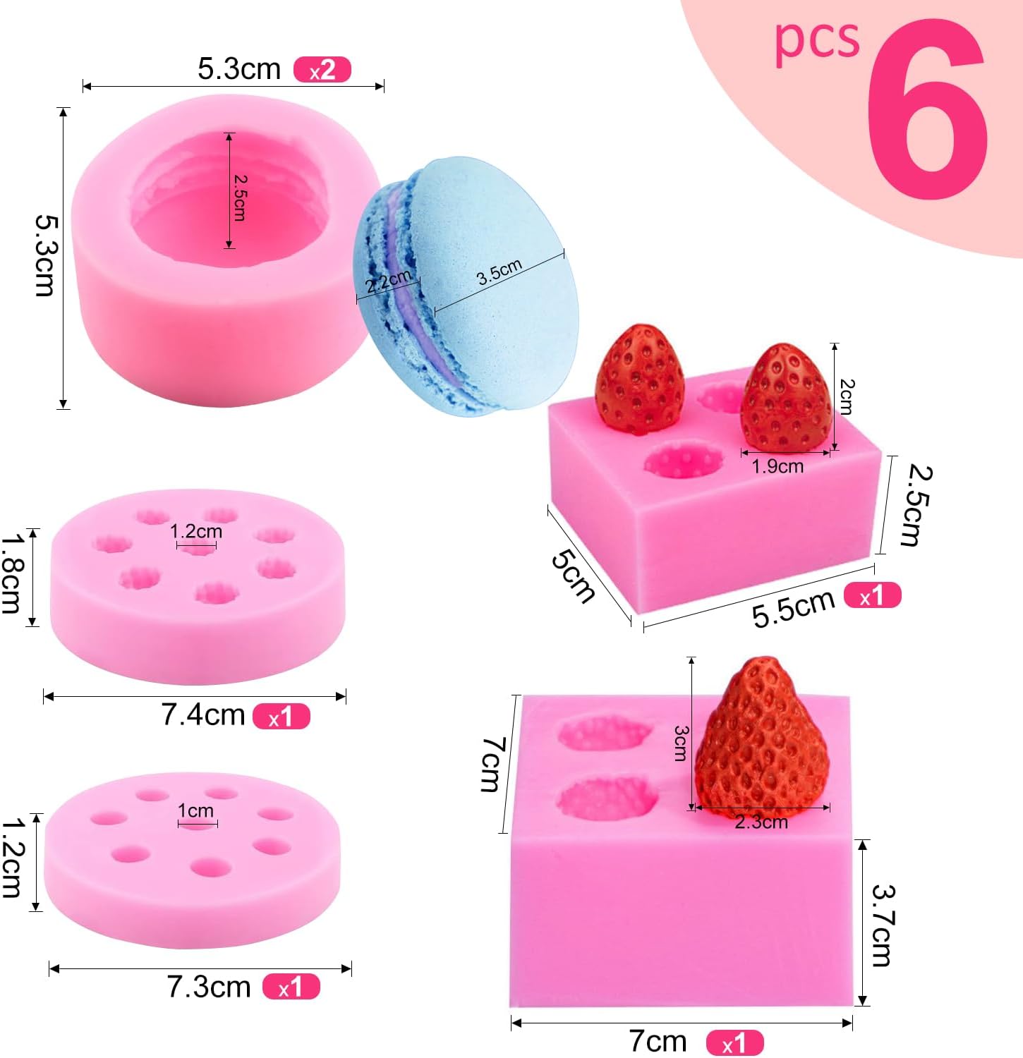 Lot de 6 moules 3D en silicone pour fondant, bougie, fraise, chocolat, biscuits, macaron, mûre, myrtille, cire, bombes de bain, gelée, cupcakes, décoration de bougies