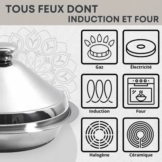 Tajine Induction tout Feux en Acier Inoxydable - Diamètre 24 cm - Plat à Tajine Marocain pour Plaque Induction, Vitrocéramique, Gaz, Halogène et Four - Marmite, Casserole