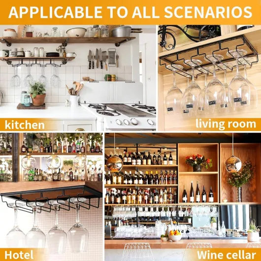 CIRULLI 2 Pièces 4 Rangs Support pour Verre à Vin en Métal,Porte-Verres à Pied Suspendu,Capacité de 8 à 12 Verres par Supports,Support Sous Armoire Avec Vis pour Cuisine,Bar et Restaurant