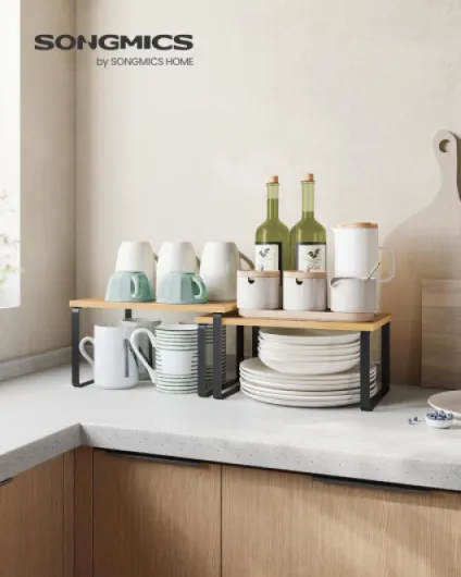 Étagère à Épices, Lot de 2, Organisateur de Placard, Étagère de Rangement de Cuisine Extensible, Porte-épices Empilable, Métal, Bois d’Ingénierie, Noir d'Encre et Beige Naturel KCS02NB 29.7 cm Noir D'encre + Beige Naturel