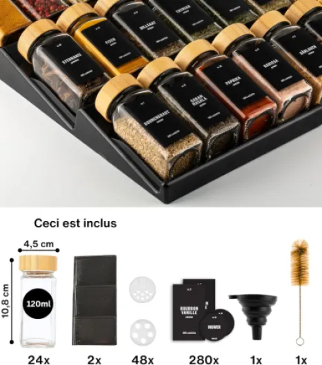 ® Range epices cuisine tiroir avec Pots Lot de 24 avec Étiquettes - Rangement épices tiroir - Organisateur epice Grande Capacité Extensible Lot de 24 - Couvercle en Bambou - Noir