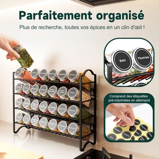 Étagère à Épices avec 28 Pots en Verre & 120 Étiquettes - Organisateur de Cuisine Mural ou Posable - Système de Rangement Épices Français (Noir)