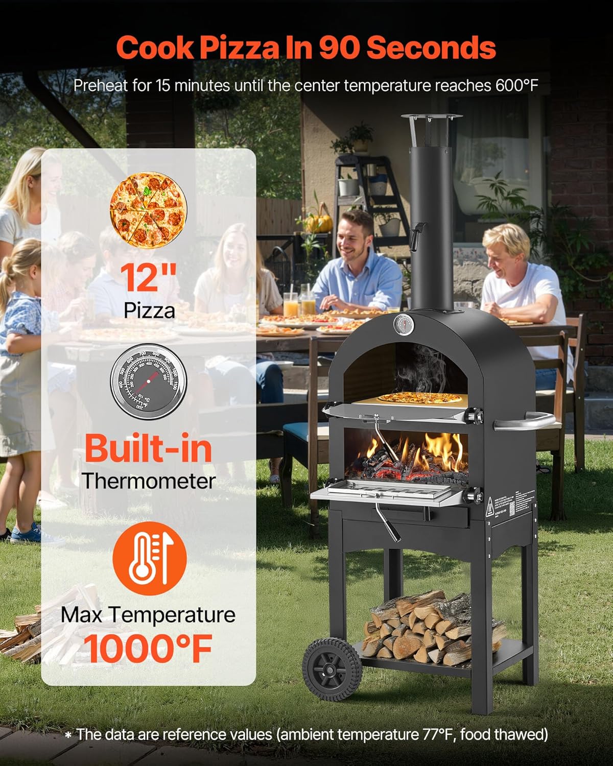 Four à Pizza d’Extérieur 12 pouces 305 mm, Four à Granulés de Bois 2 Niveaux, avec Deux Roues Amovibles, Température Maximale de 538 °C, pour Réunion Camping Jardin Arrière-Cour Barbecue