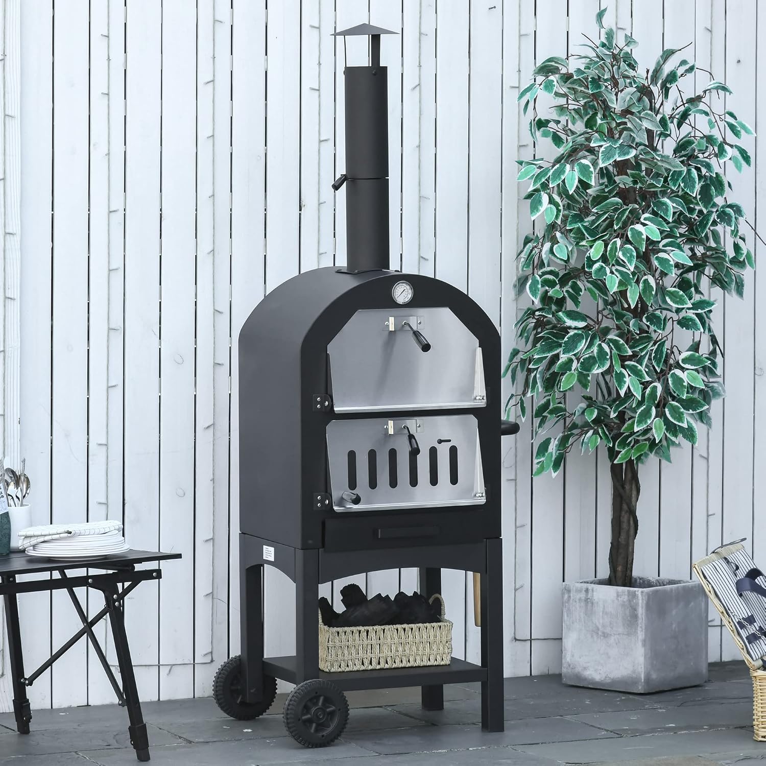 Four à Pizza extérieur au Charbon de Bois - Barbecue sur roulettes - Four à Bois - Pierre réfractaire - cheminée, jauge température - Acier au Carbone Noir Gris 63L x 54l x 161 H cm